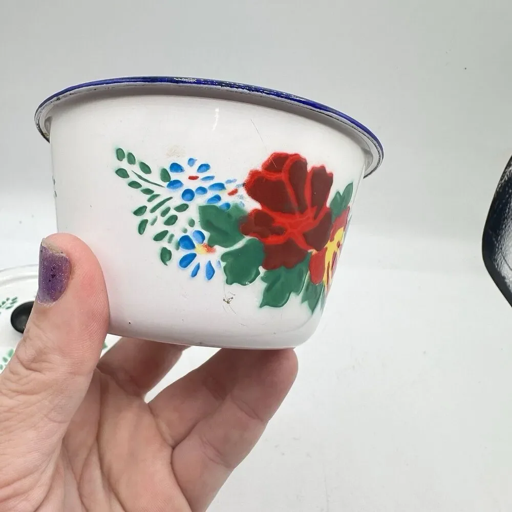 Vintage Mini Floral Enamel Pot Trinket Dish Roses Retro Kitsch Decor - Picture 11 of 13